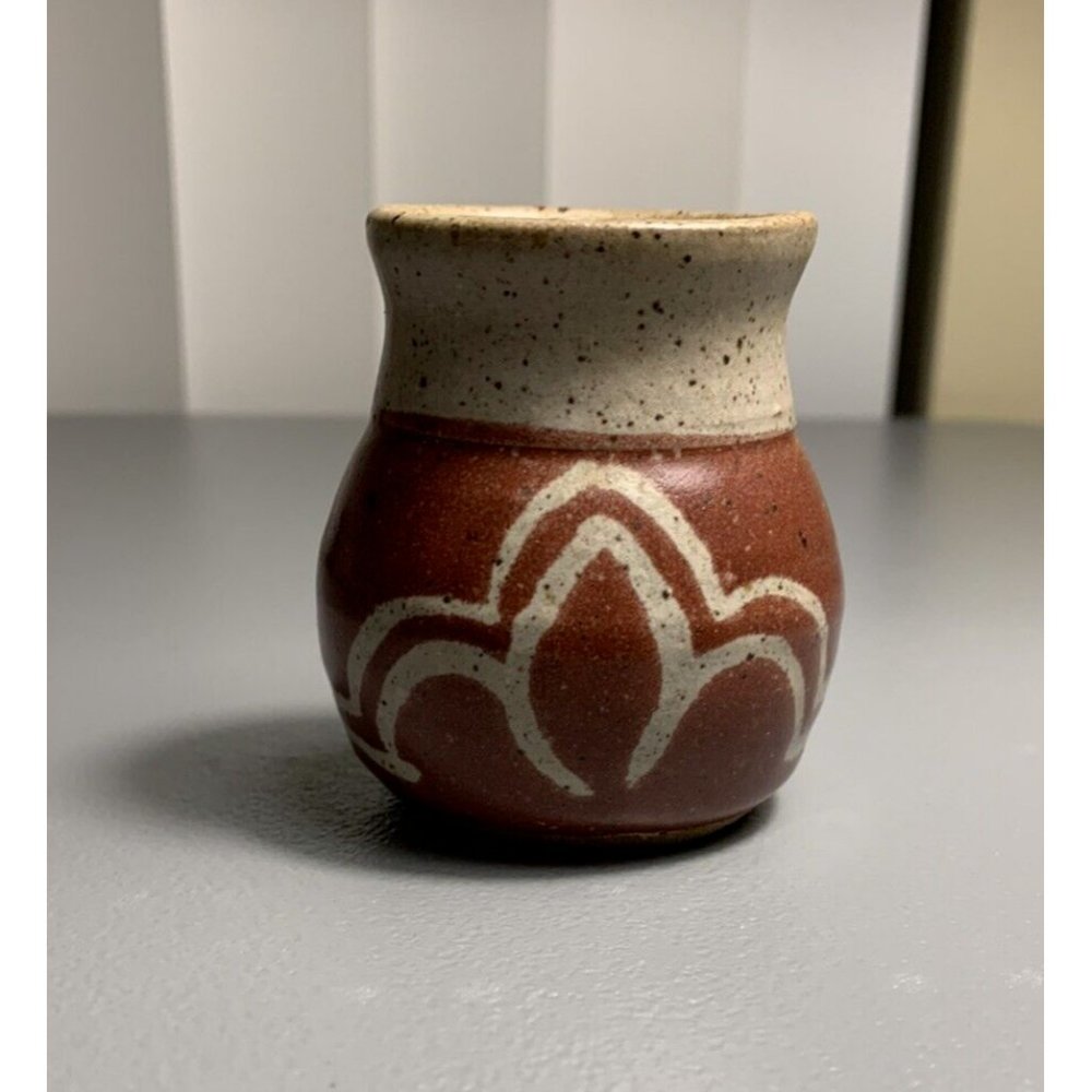 Studio Pottery Red and Beige Toothpick Holder Mini Vase Jar 4" Tall